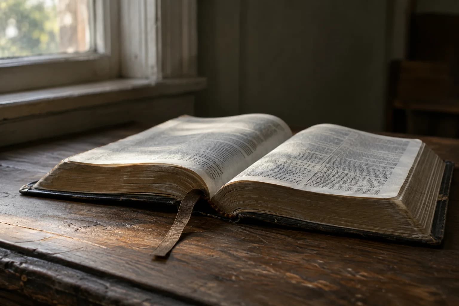 An open Bible on a worn wooden table beside a softly lit window.