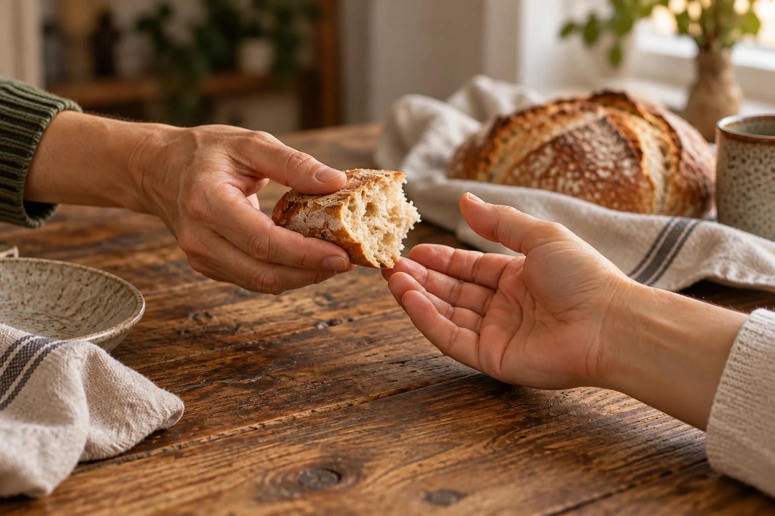 One person offering a piece of bread to another across a wooden table.