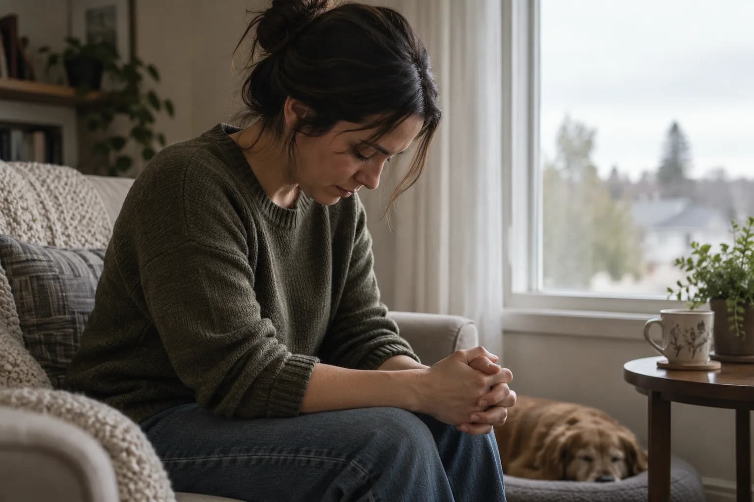 A person seated beside a window with head bowed and hands clasped in prayer.