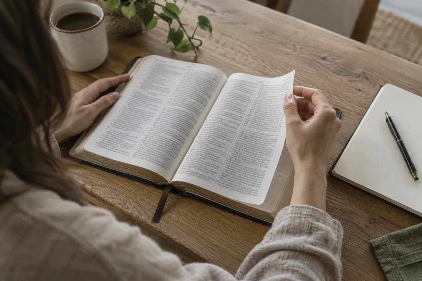A reader turning a page of an open Bible beside a notebook on a wooden table.