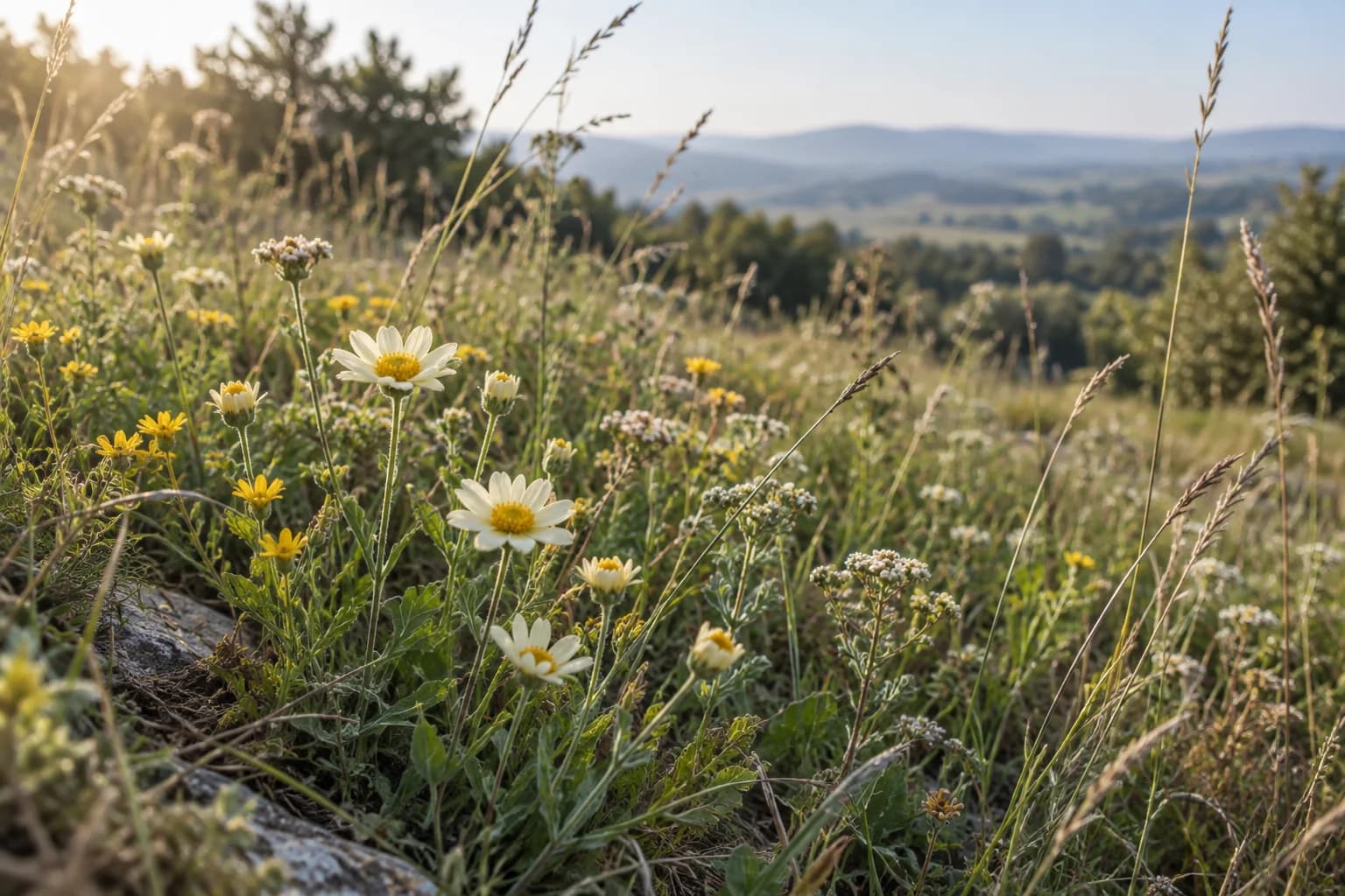 Cream and yellow wildflowers growing among meadow grasses in morning light.